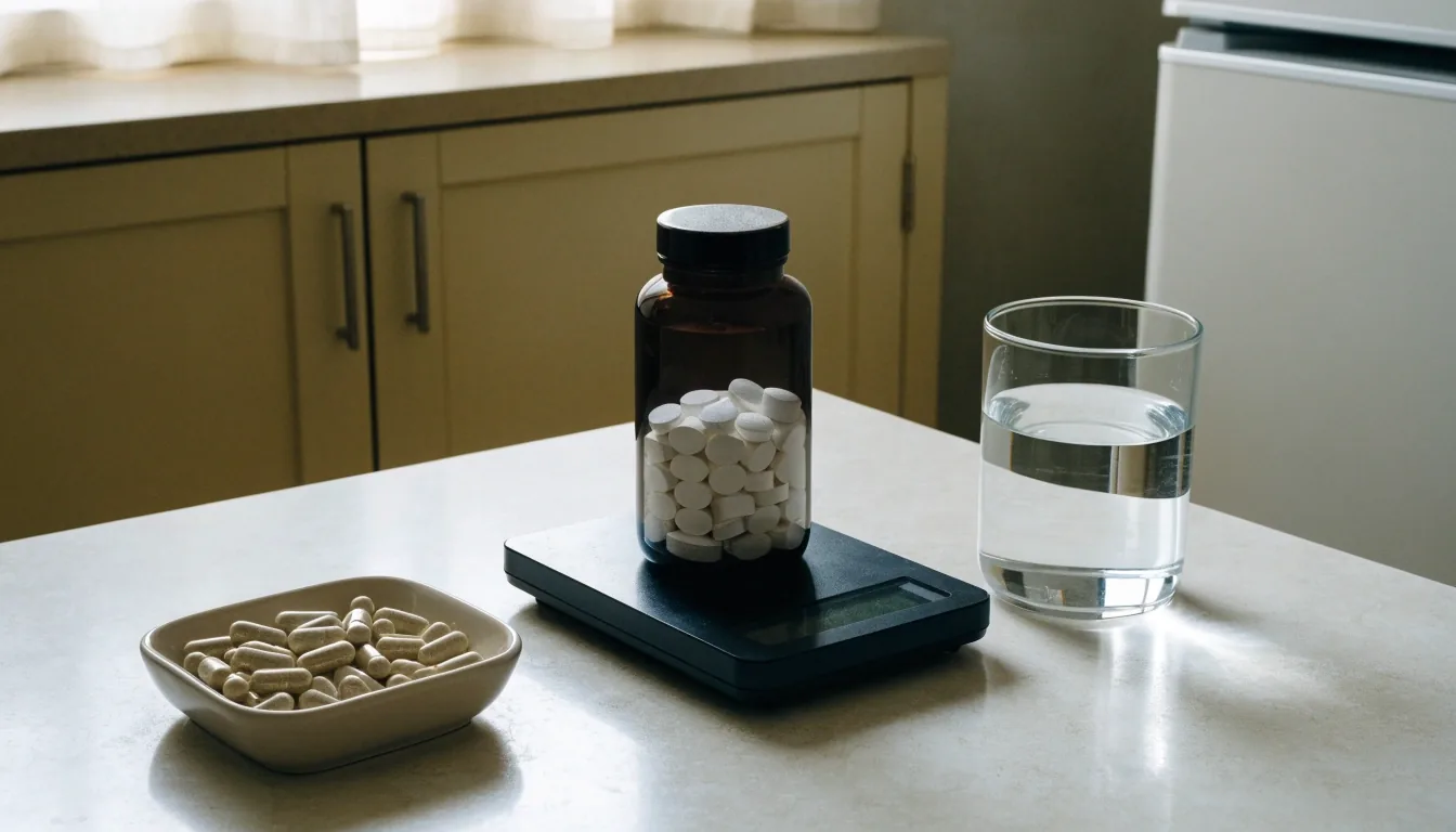 A plain supplement bottle resting on a household scale in soft daylight