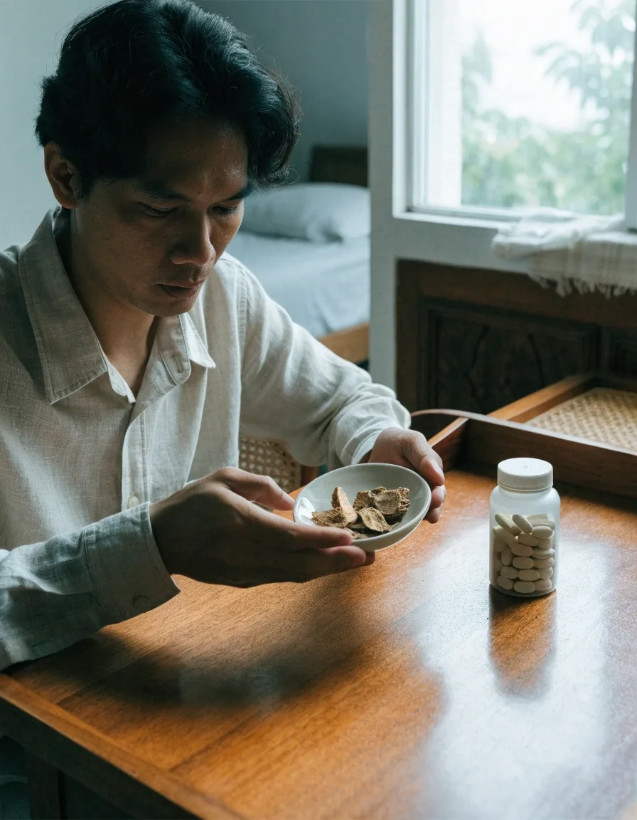 A single capsule held between two fingers backlit by an overcast window