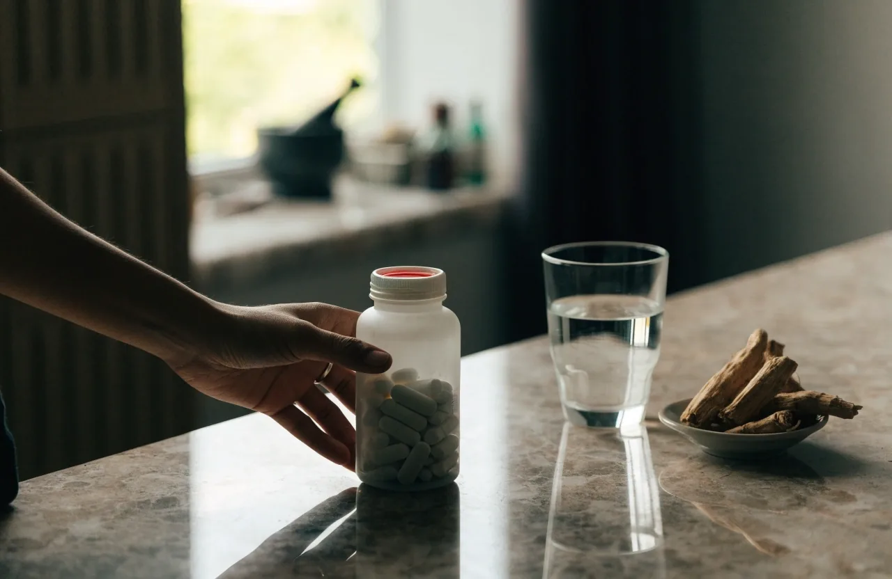 A man comparing two unmarked supplement bottles in a pharmacy aisle