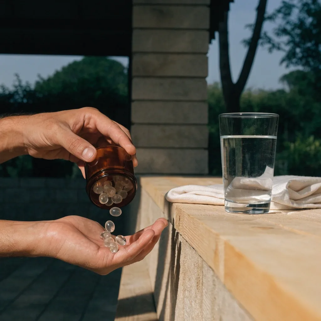 Clear glass of water and loose capsules on a timber ledge in soft daylight