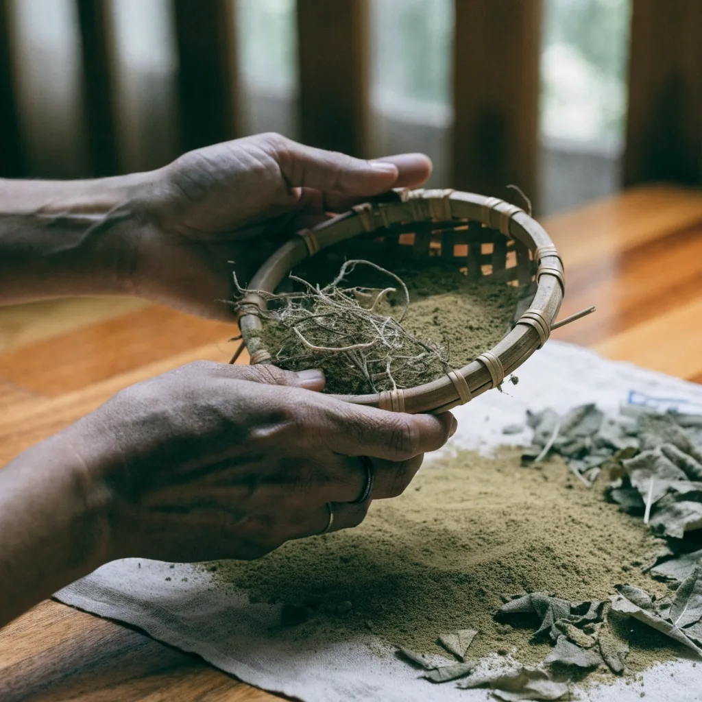 Dried botanical roots and coarse powder heaped on a linen cloth