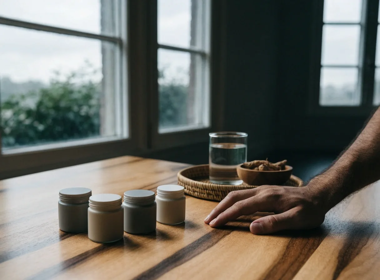 Four unmarked supplement jars spaced evenly on a linen table under overcast light