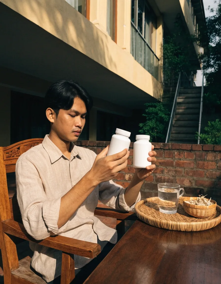 Hands turning an unmarked supplement bottle in overcast daylight on a linen table