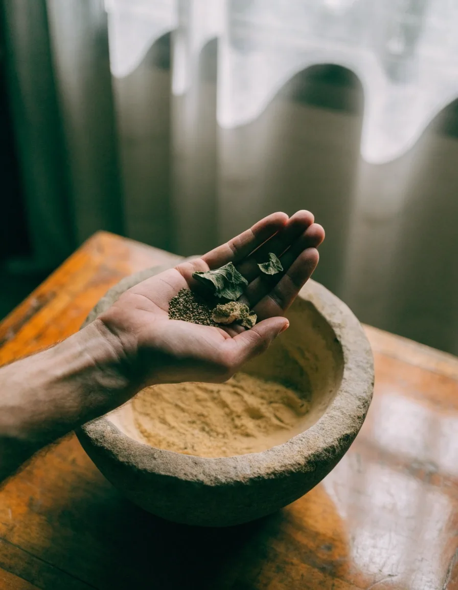 A wooden bowl of seeds, dried leaves and earthy powder on a linen table in overcast light