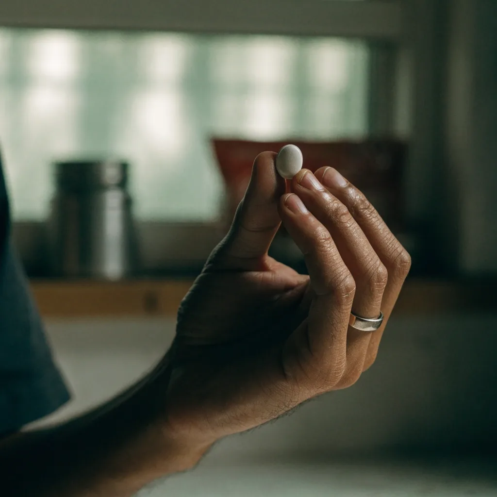 A single plain matte capsule held between two fingers in overcast window light