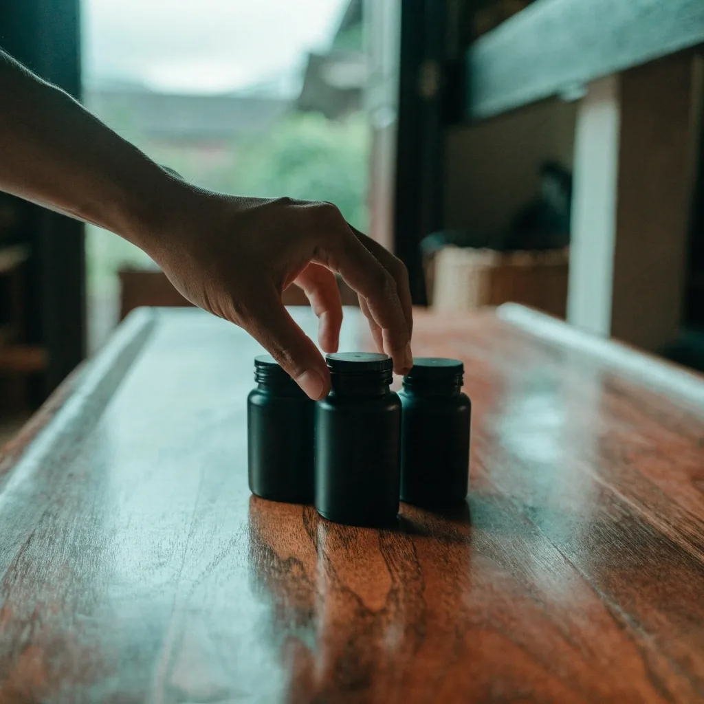 An unmarked supplement bottle resting on a household scale in overcast daylight
