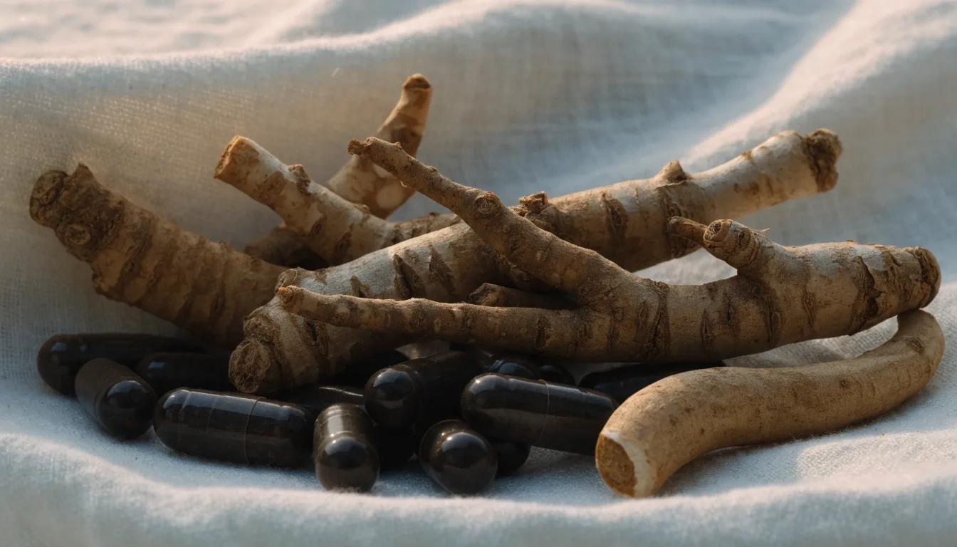 Dried ginseng root shapes and dark herbal capsules arranged on a pale linen cloth