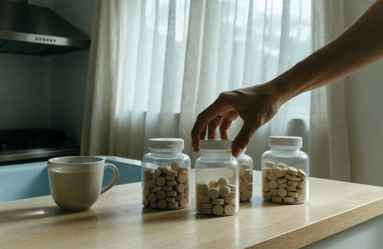 Four unmarked supplement jars spaced on a pale timber ledge in overcast daylight