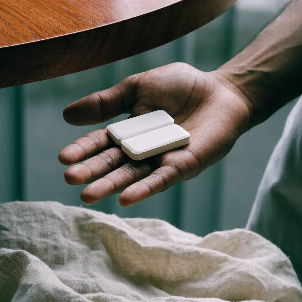 Two plain off-white tablets resting in an open palm over a linen cloth