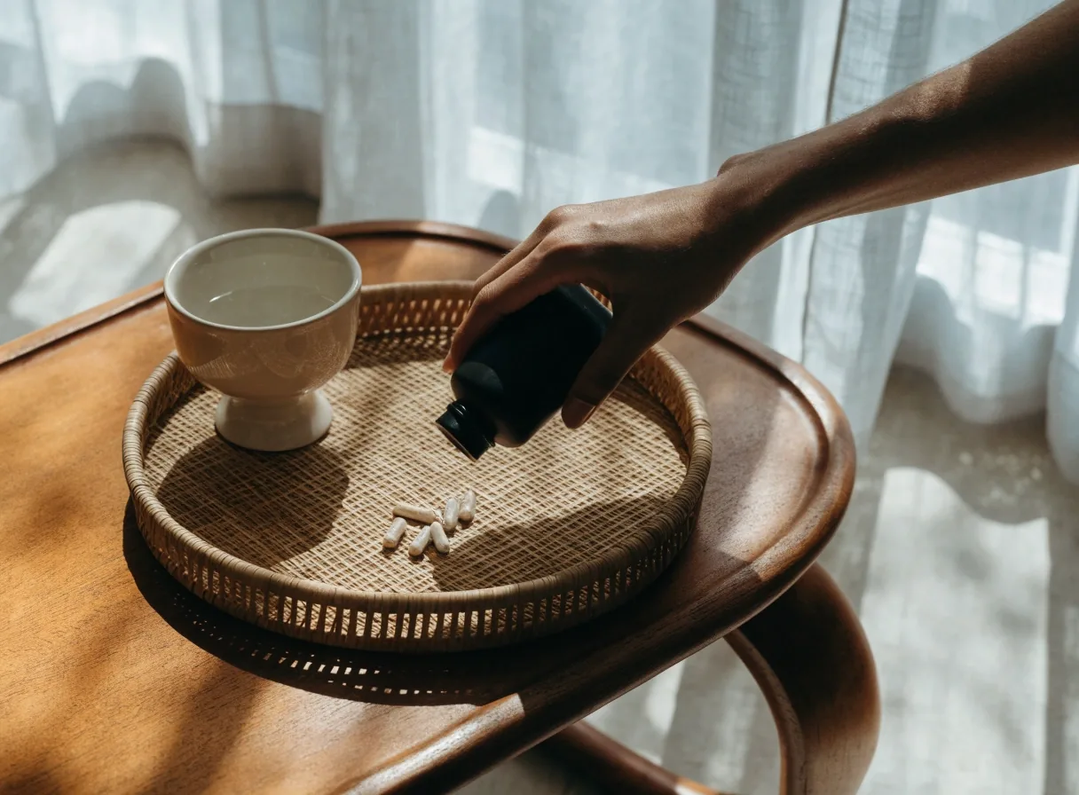 Unmarked capsules spilling from an open unbranded bottle onto linen beside a glass of water