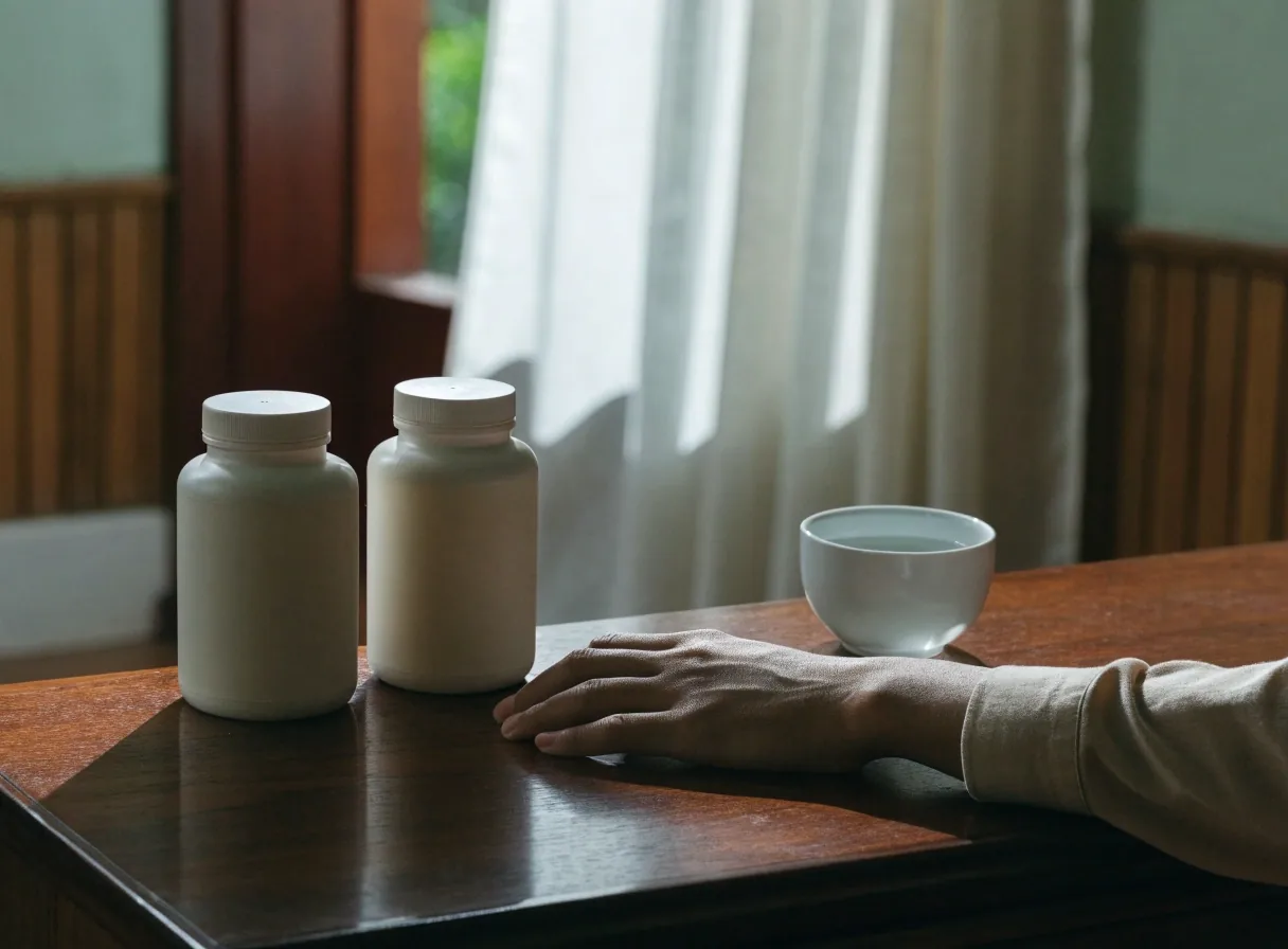A glass of water and two plain supplement bottles standing on a linen tabletop