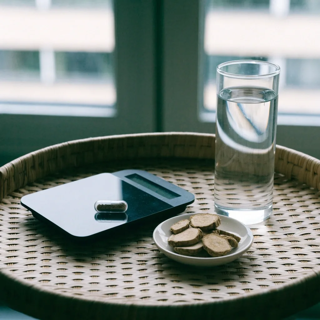 A plain capsule resting on a small household scale beside folded linen