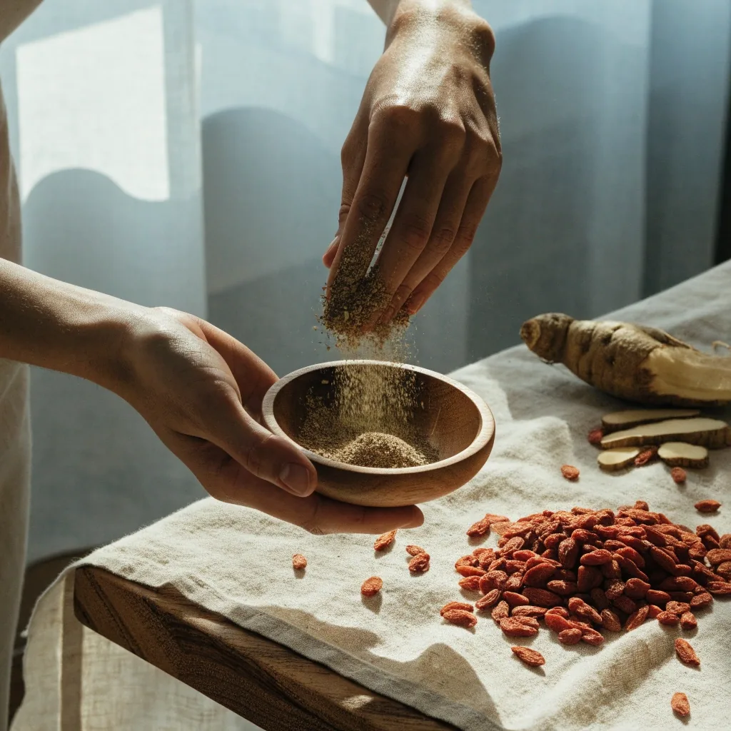 A wooden mortar with an earthy powder and whole ingredient pieces on linen