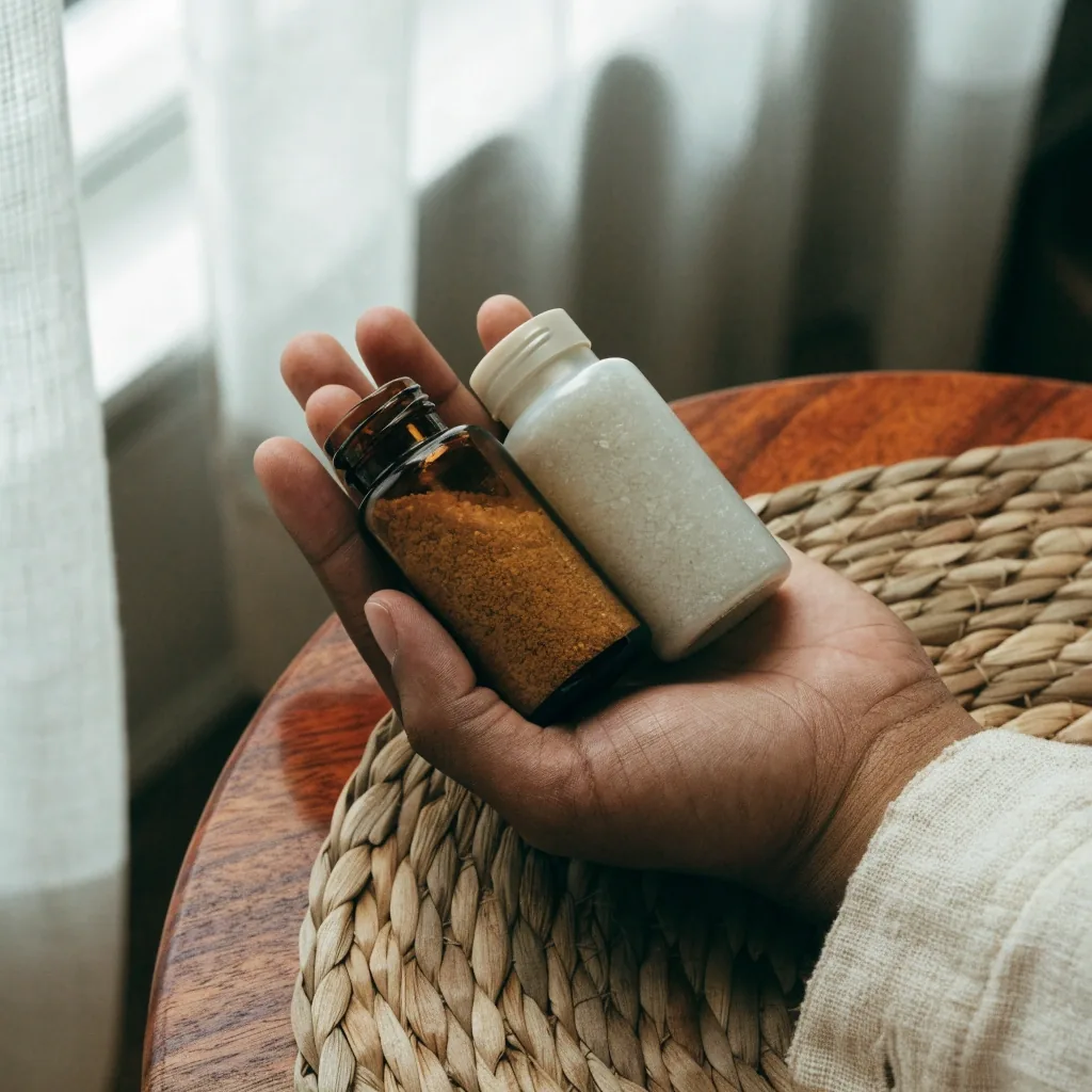 A hand holding the unmarked shoulder of a supplement bottle over linen