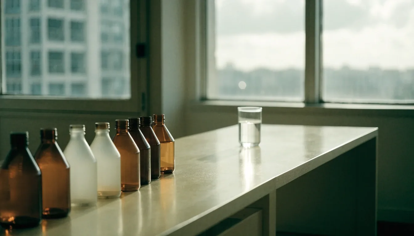 A quiet Jakarta editorial workspace with plain bottles and a glass of water in daylight