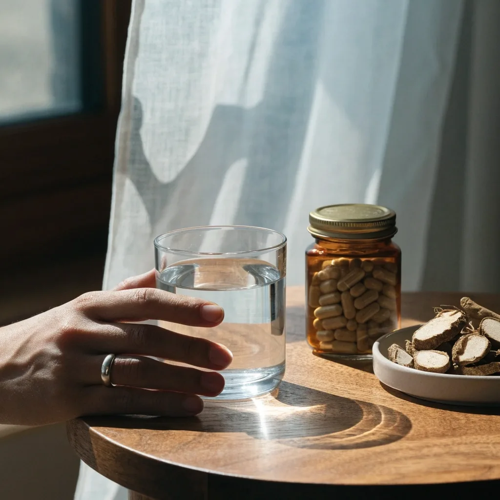 A glass of water and an unlabeled bottle of natural capsules on a linen napkin