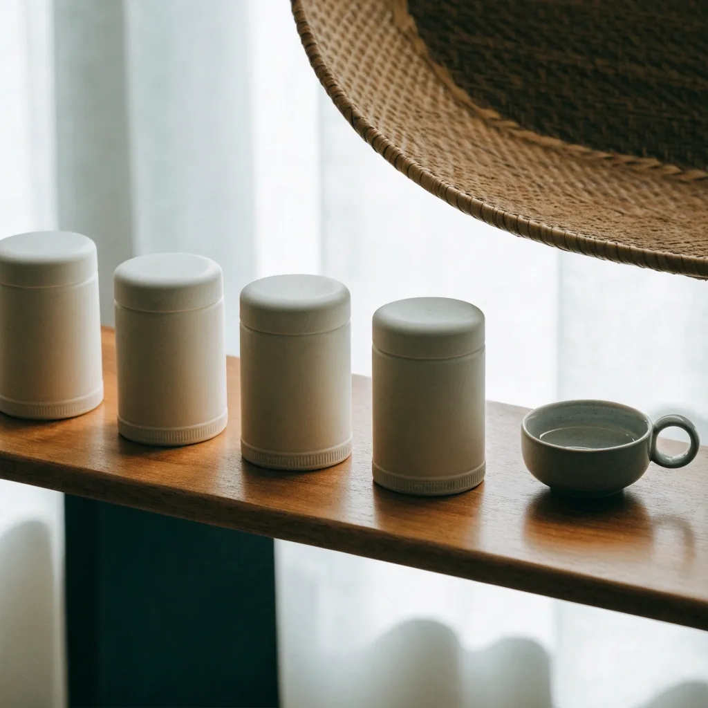 Four unlabeled containers of natural capsules spaced along a timber ledge in soft afternoon light