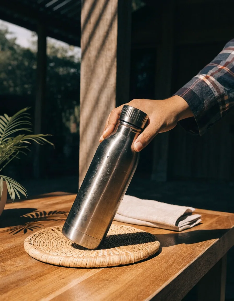 A refillable water bottle on a timber surface in afternoon light
