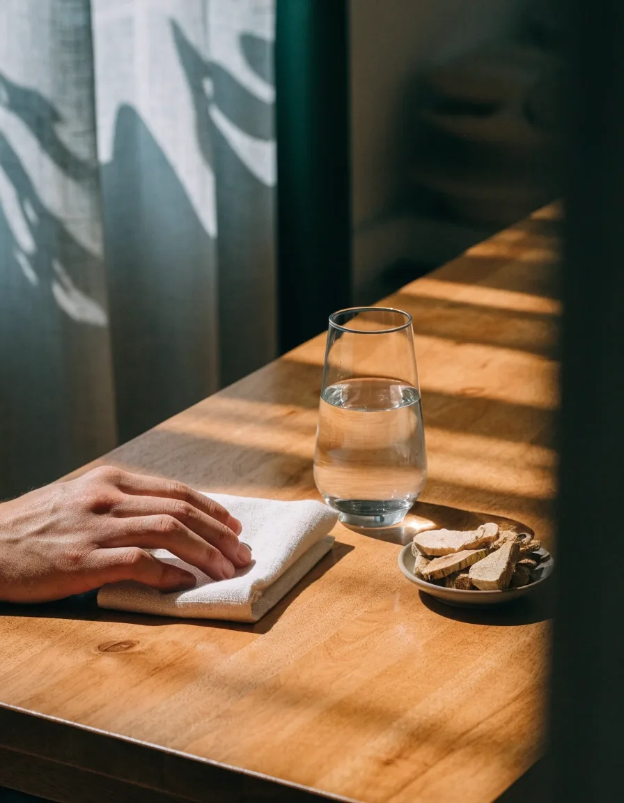 A full glass of water on a timber ledge beside folded linen
