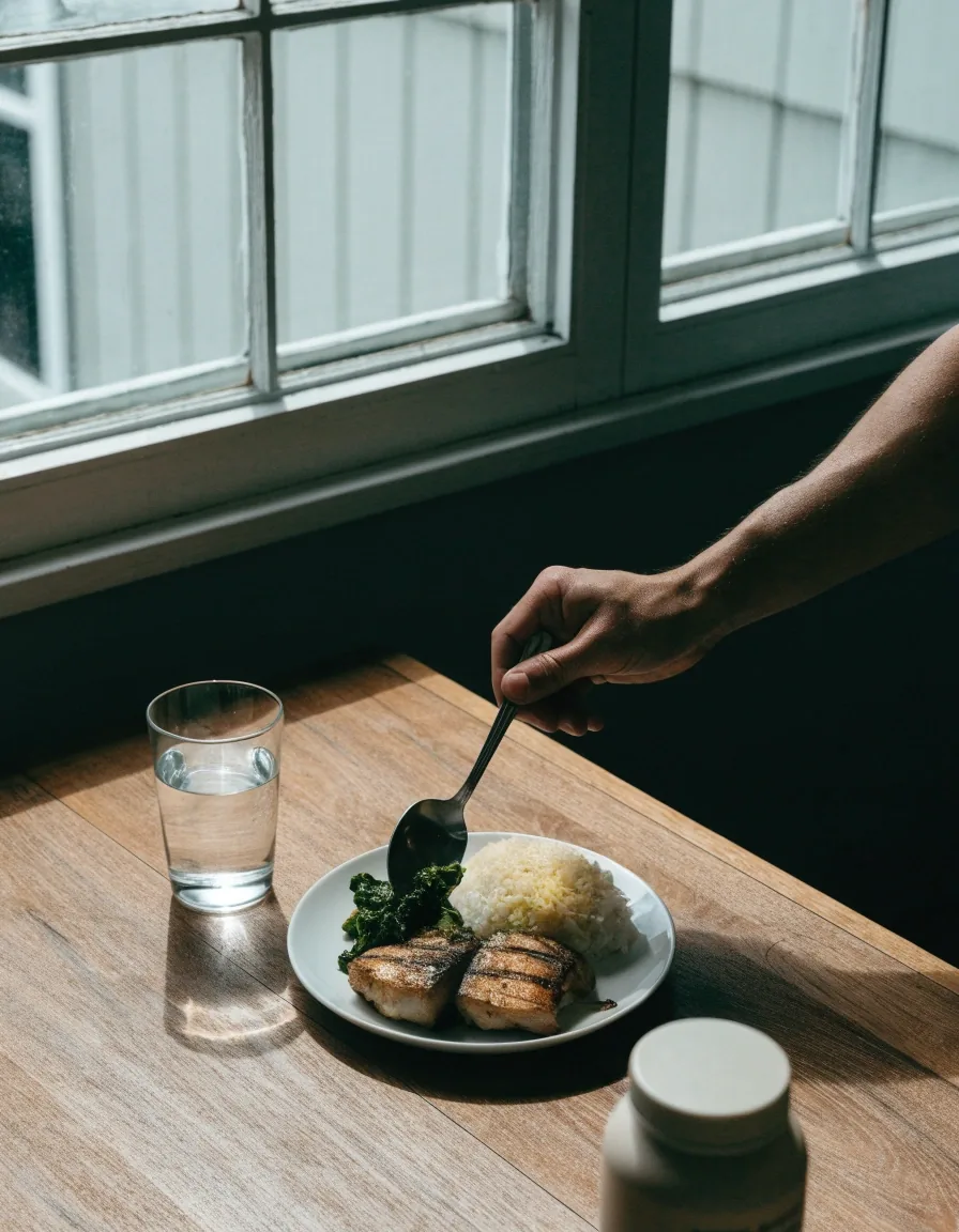 A plated lunch of rice, fish and greens beside a glass of water on a linen table