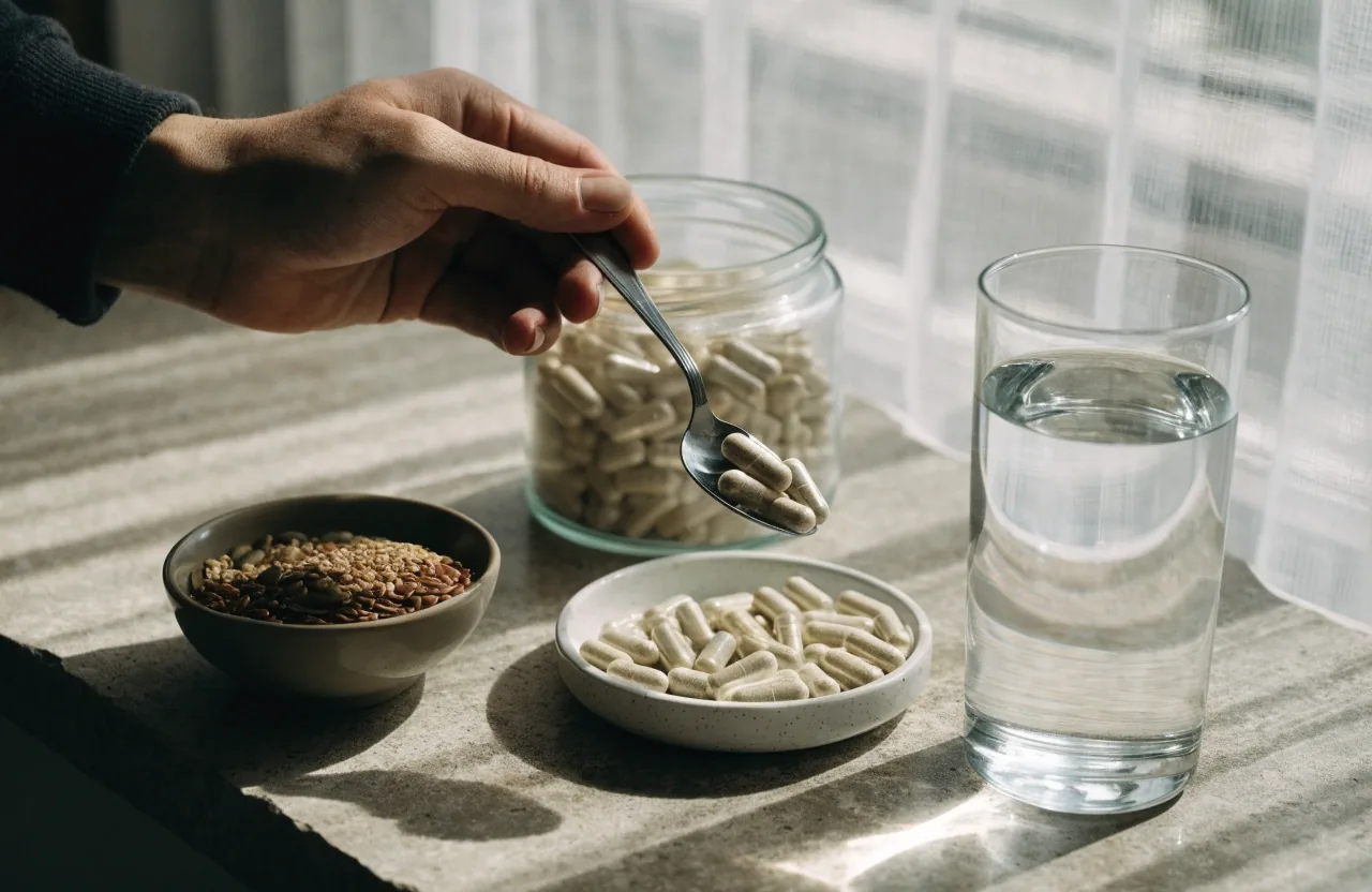Capsules spilled from a bottle beside a bowl of seeds, leaves and powder on linen