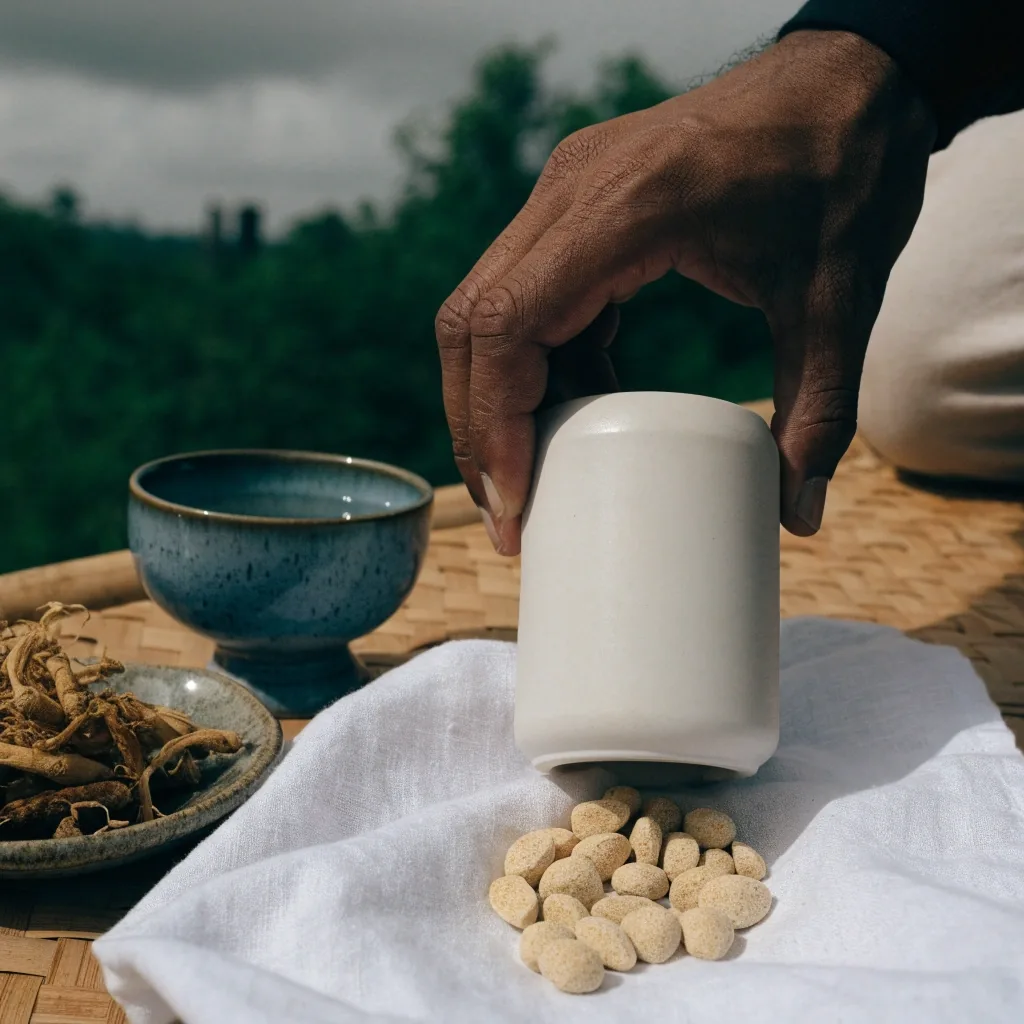 Hands turning an unmarked supplement container over a linen table