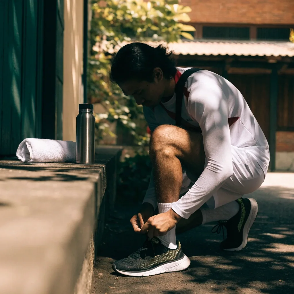 Running shoes, a towel and a water bottle set down on a stone step