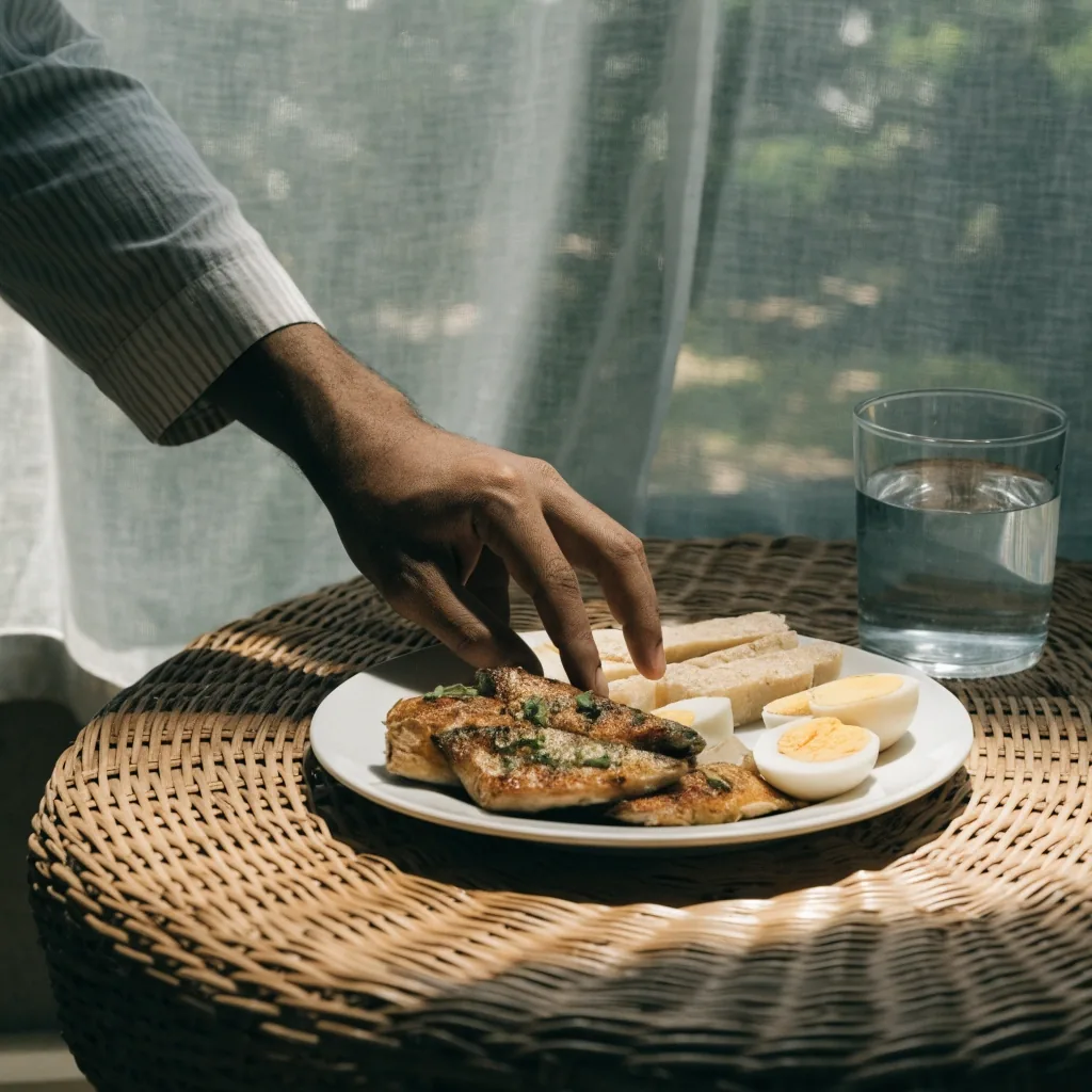 Small dishes of eggs, fish, tempeh, chicken and tofu arranged on linen
