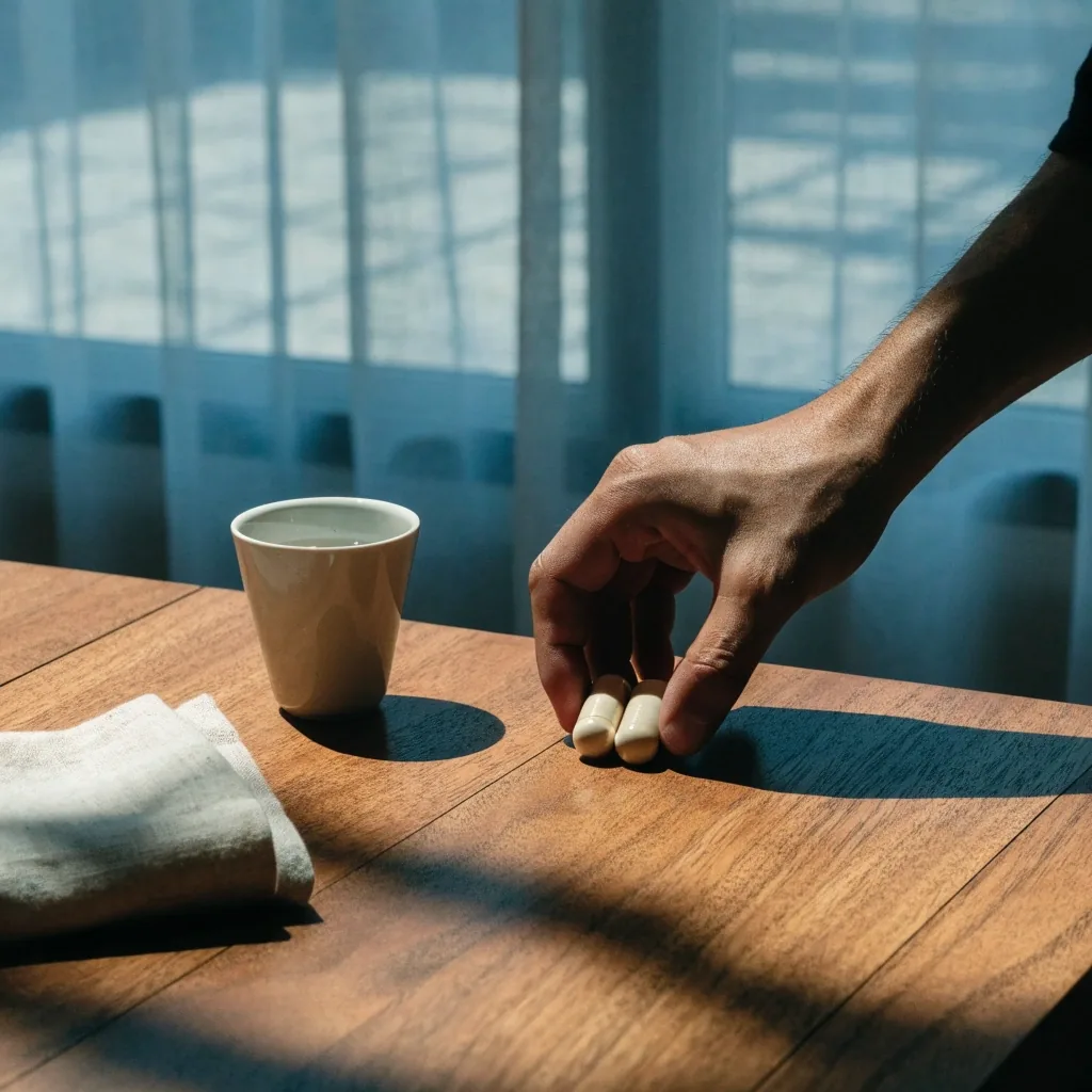 Two plain capsules resting in a fold of linen in afternoon light