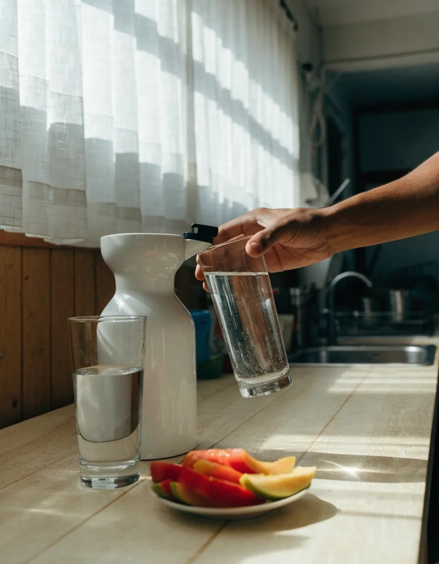 Glass jug and two glasses of water on a linen cloth in warm daylight