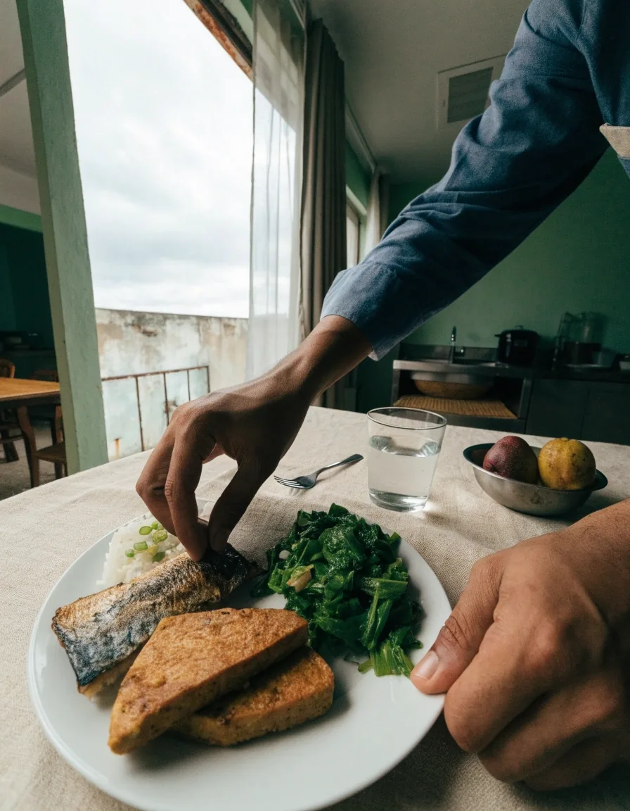 Plate of fish, tempeh, greens, and rice with a glass of water on a linen table
