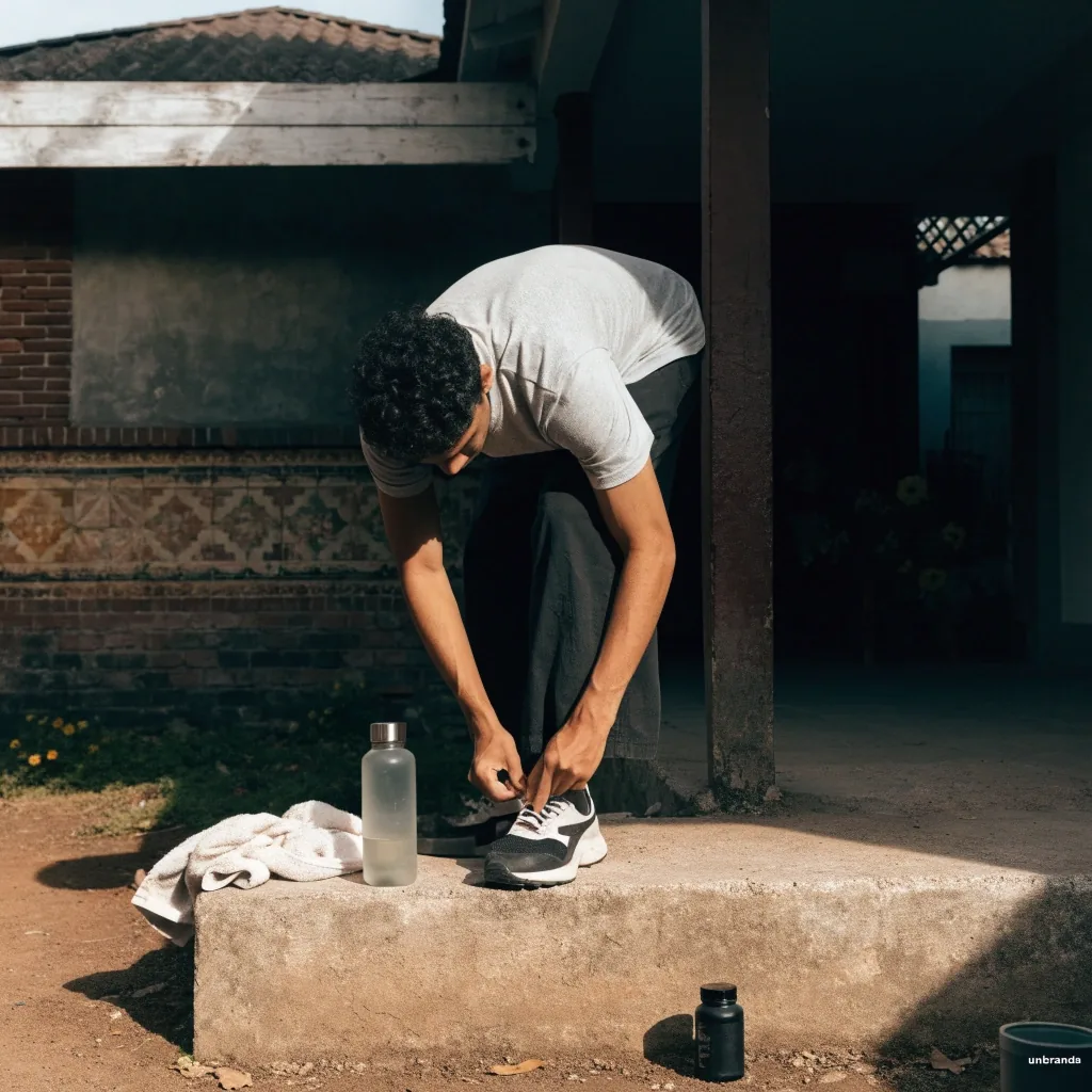 Running shoes, towel, and water bottle on a timber floor