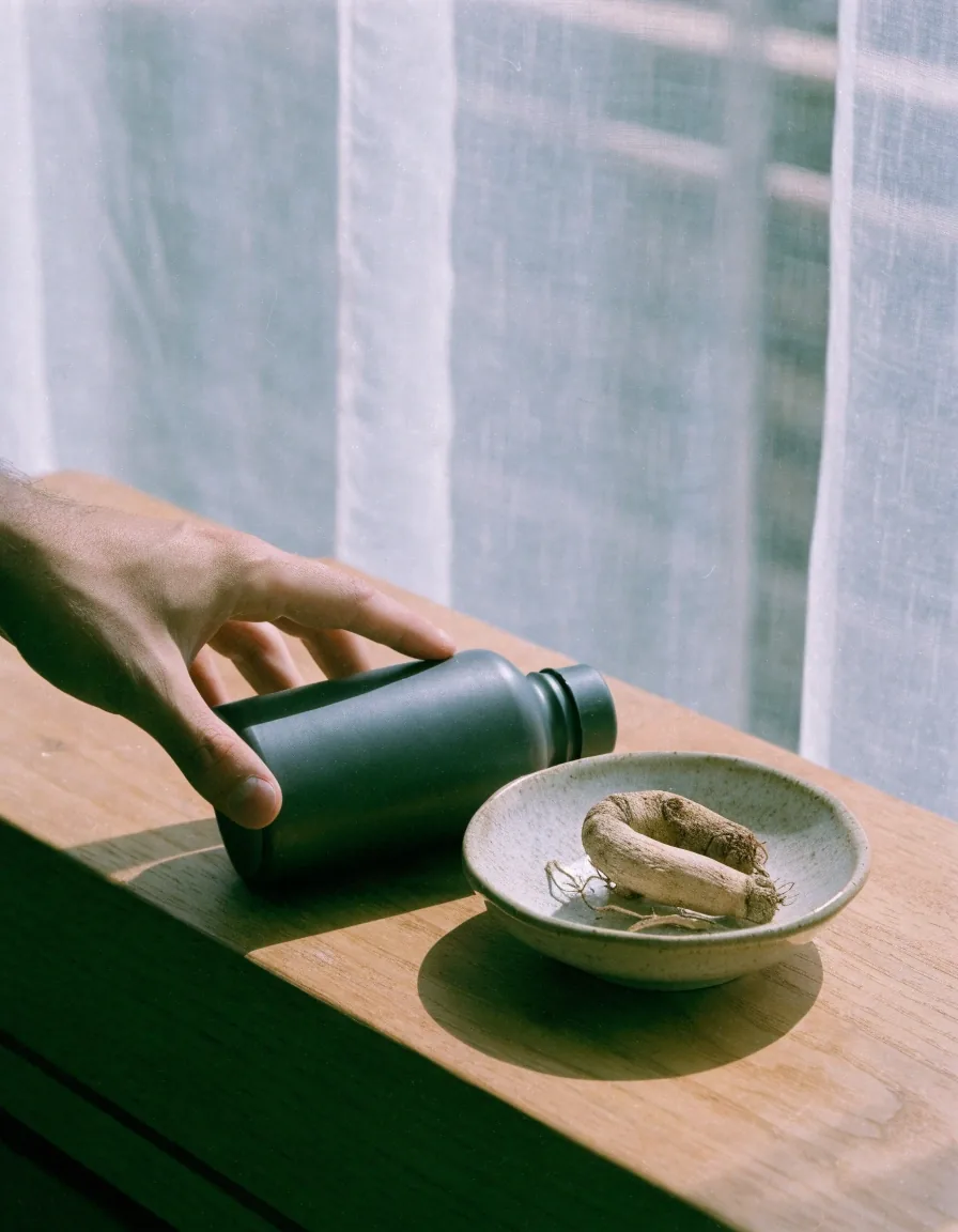 Shoulder of an unmarked supplement bottle on a timber ledge in soft daylight