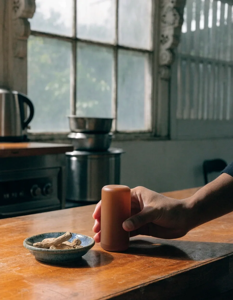 Unlabelled supplement bottle on a timber plank in soft light