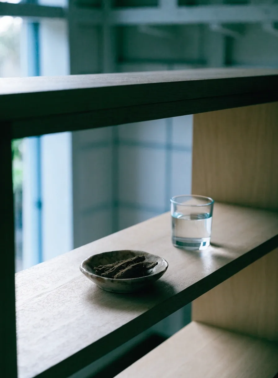 A plain glass of water on a linen table beside a folded cloth