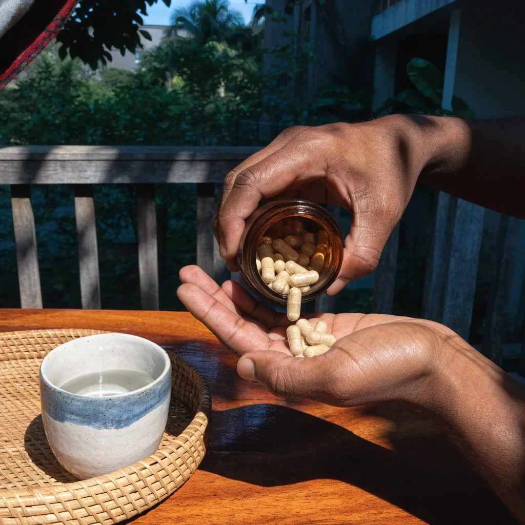 A handful of plain capsules resting in an open palm in soft daylight
