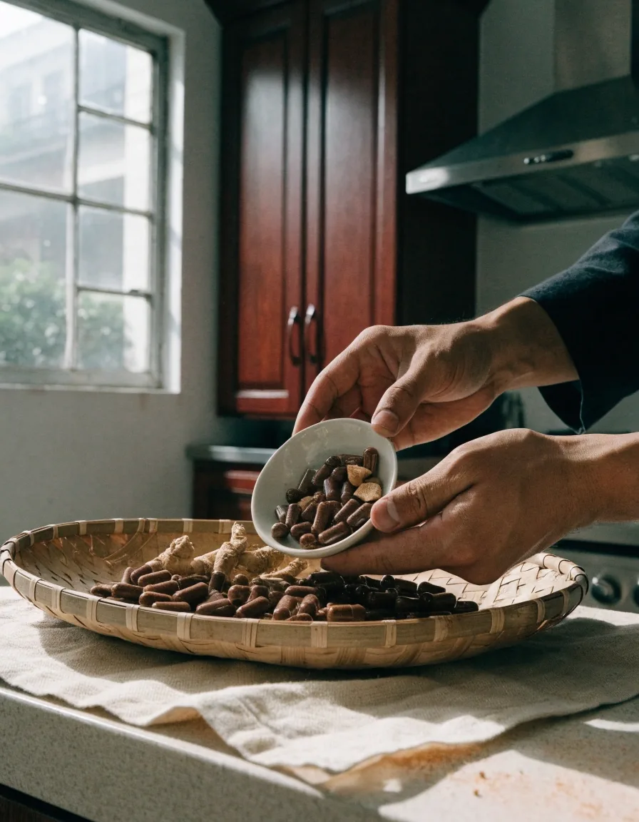 A wooden bowl of dried botanical ingredient forms and earthy powder on linen
