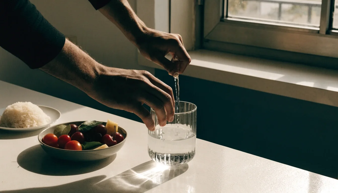 A simple meal plate, a glass of water and a folded napkin on a linen table