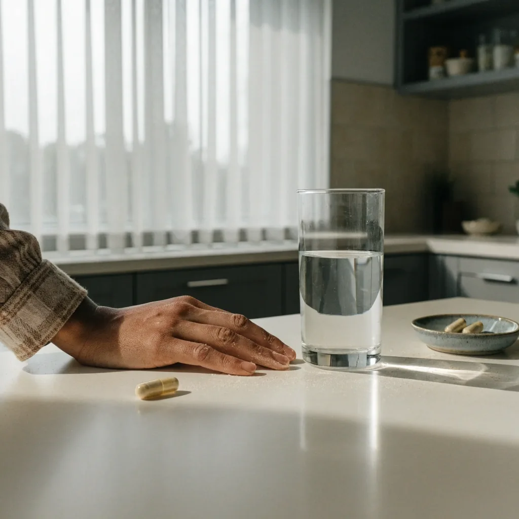 A clear glass of water with a single capsule at the bottom on a linen surface