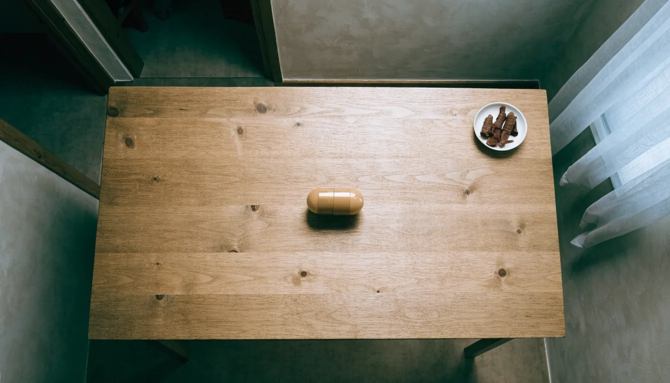 A single pale capsule resting on a matte grey surface