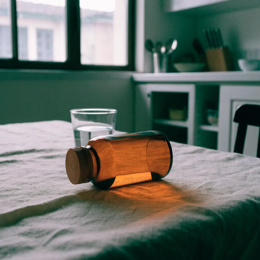 An unlabelled bottle lying on linen beside a small glass of water