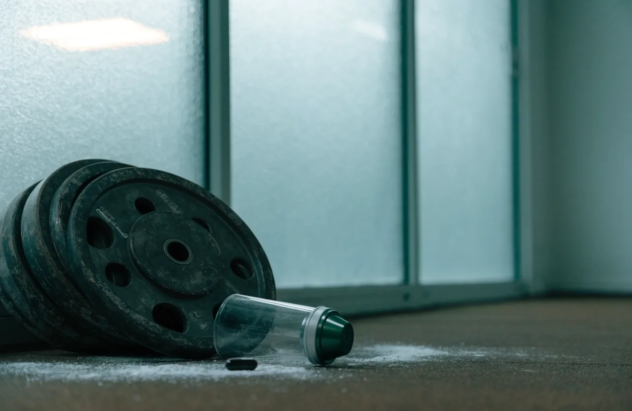 Gym chalk dust and a rolled towel on a pale wooden bench in a training room