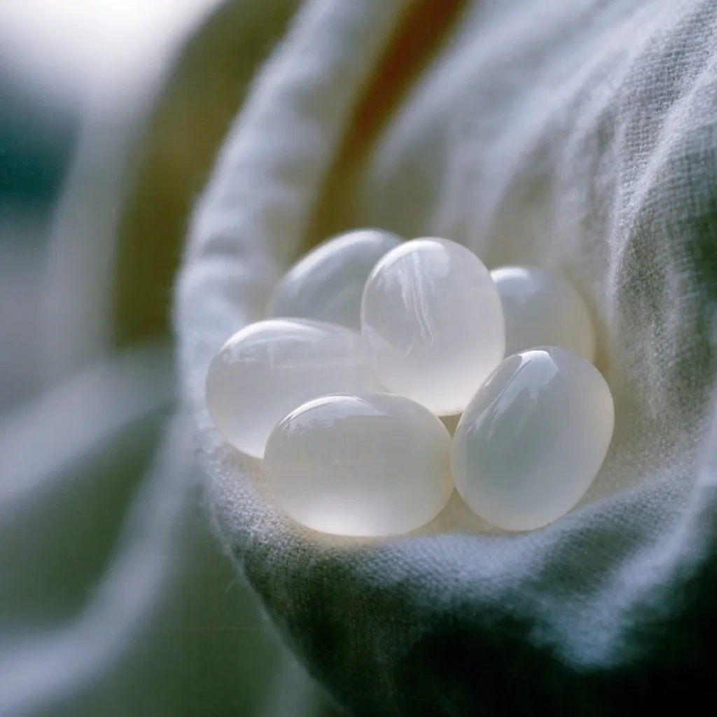 Several pale capsules clustered together on the edge of a linen cloth