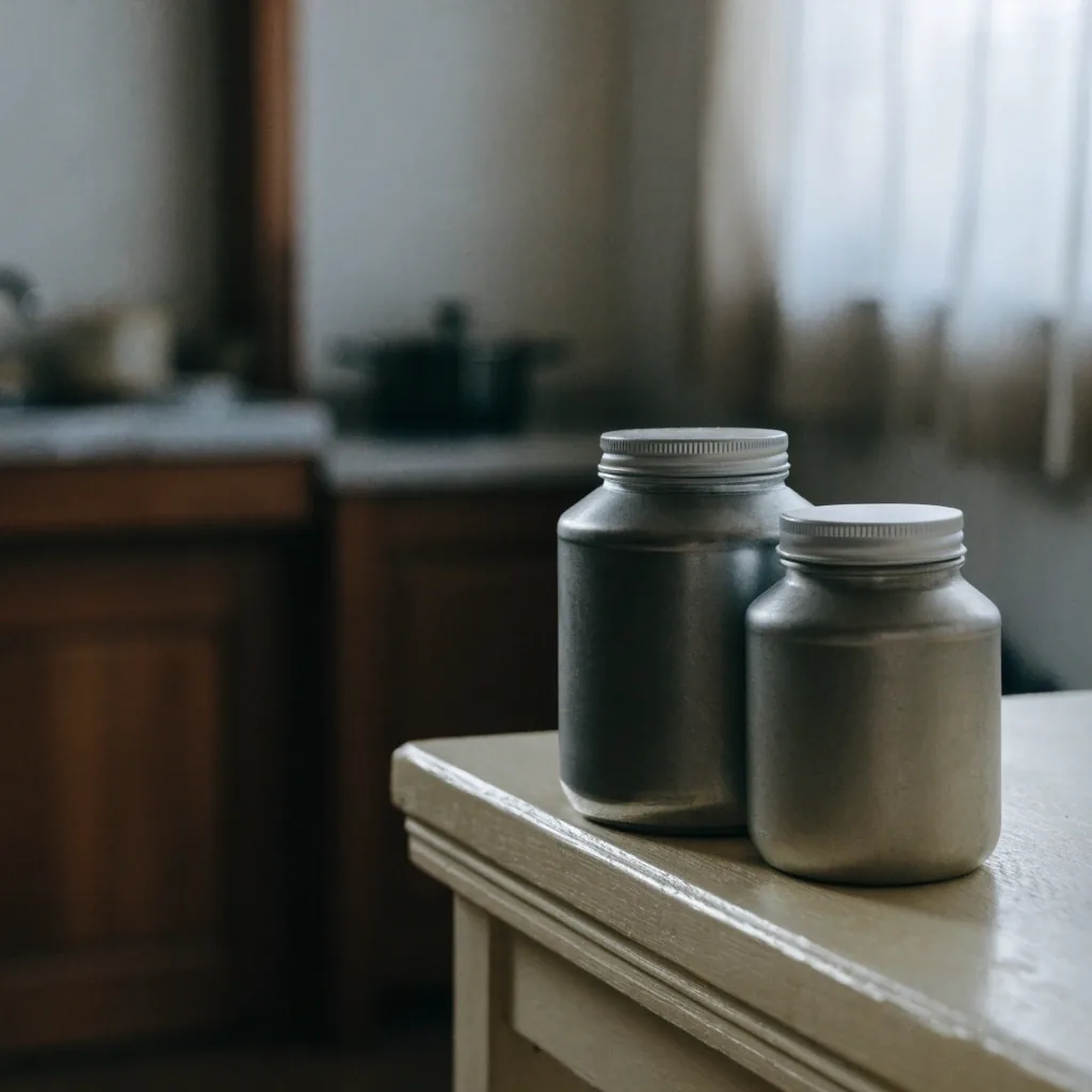 Two unlabelled supplement containers standing side by side on a workbench