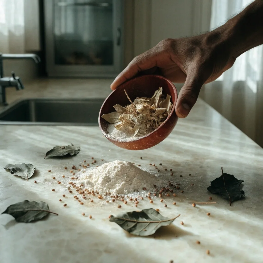 A wooden bowl of seeds, dried leaf pieces and pale powder on a linen table