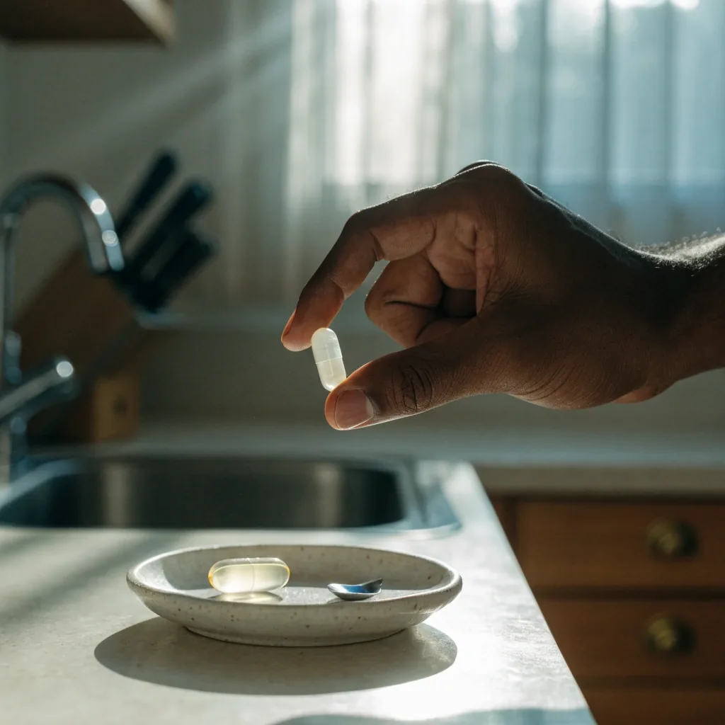 A capsule held between two fingers with a softgel and powder scoop out of focus behind