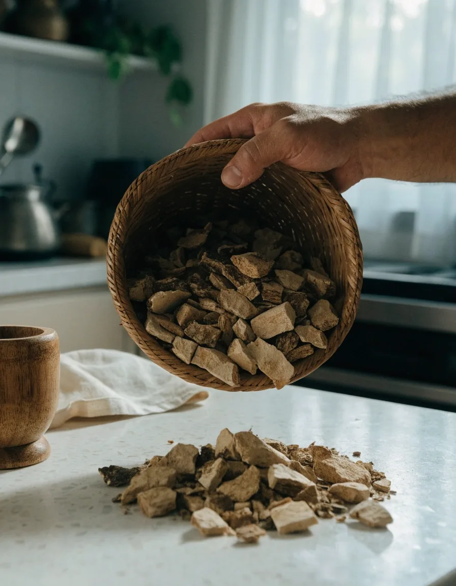 Dried root pieces and loose herbal powder spread on a linen cloth beside a wooden mortar
