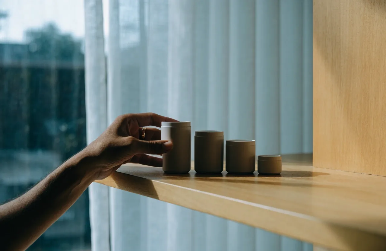Four unmarked supplement jars of different shapes spaced evenly on a light timber ledge