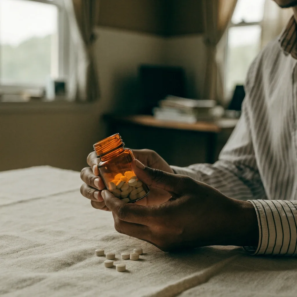 Hands turning an unlabelled supplement container over on a linen-covered table in soft overcast light