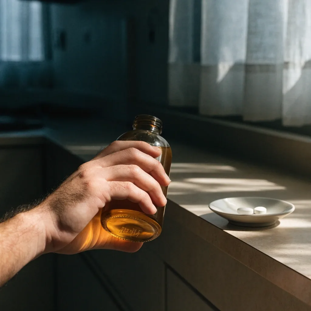 Overhead macro of two tablets beside an open amber glass bottle on linen